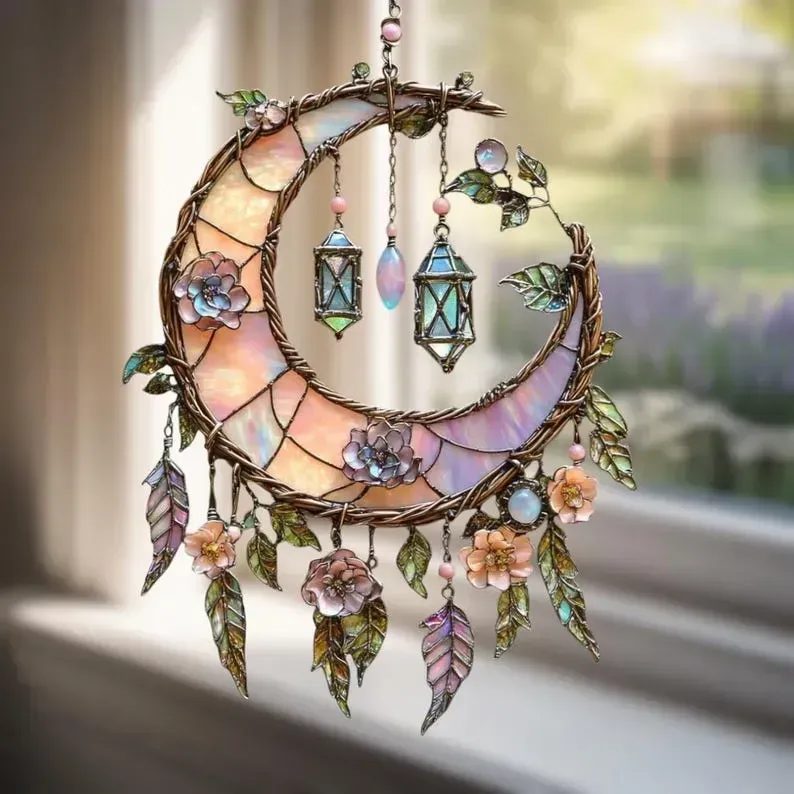 🌙2D Flat Printed Acrylic Moon and Floral Window Decor